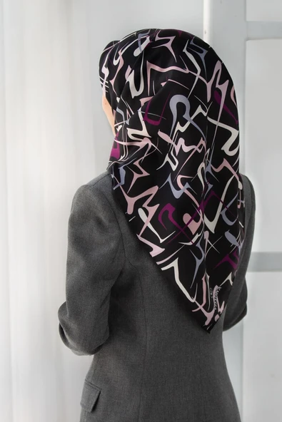 %100 Twill İpek Soyut Geometrik Desenli Mürdüm - Pudra Renkli 90x90 Eşarp Dikim Şekli : El Dikişi ürün görseli 1