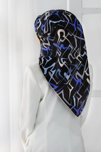 %100 Twill İpek Soyut Geometrik Desenli İndigo - Gri Renkli 90x90 Eşarp Dikim Şekli : El Dikişi ürün görseli 1