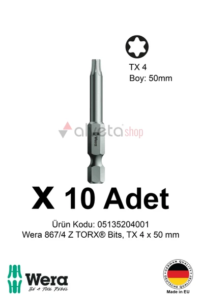 Alveta Wera 867/4 Z TORX TX4 x 50mm Tornavida Ucu 10 Adet | Torx Vidalama Bits Seti Profesyonel Seri ürün görseli 1