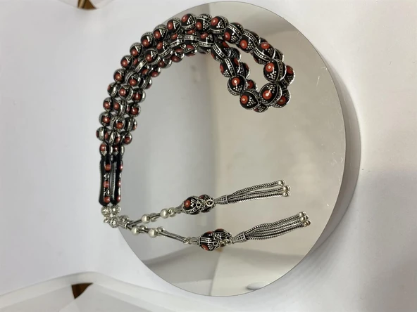 Tesbih TSBH0109BC 925 Ayar Gümüş Püsküllü Gümüş-Mercan İşlemeli Küre Kesim Usta El İşçilikli Erzurum Oltu Tesbih ürün görseli 1