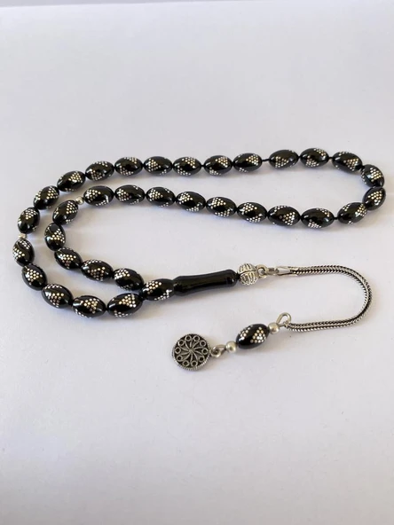 Tesbih TSBH0259BC 925 Ayar Gümüş Püsküllü Gümüş İşlemeli Beyzi Kesim Erzurum Oltu Taşı Tesbih ürün görseli 1