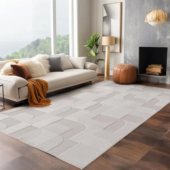 Modern Krem Renkli Geometrik Desenli Bohem Salon Mutfak Mekan Teras Balkon Oda ve Çocuk Halısı Oymalı Halı ürün görseli 1