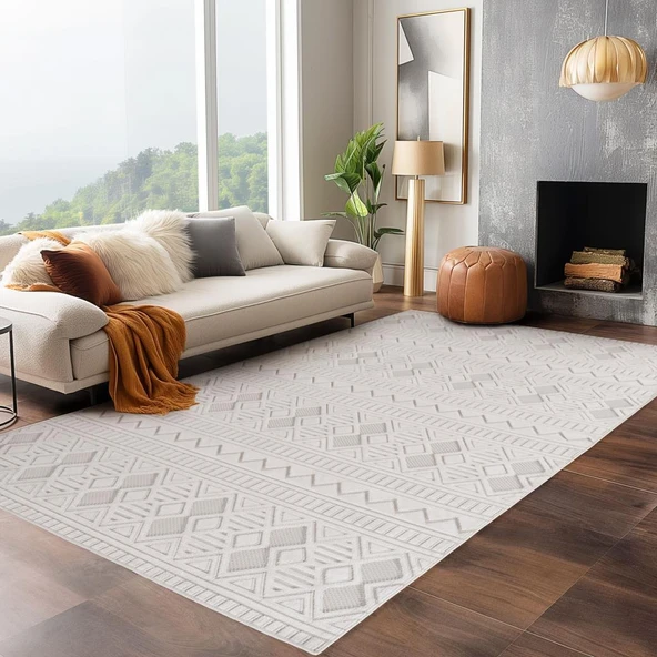 Modern Krem Renkli İskandinav Desenli Bohem Salon Mutfak Mekan Teras Balkon Oda ve Çocuk Halısı Oymalı Halı ürün görseli 1
