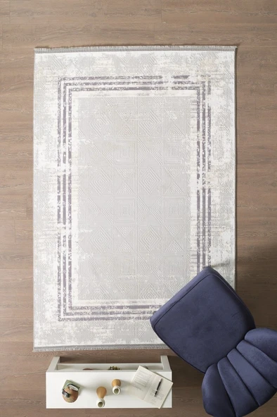 Modern Tasarımlı Pamuk Tabanlı Karo Mermer Desenli Saçaklı  Krem Renkli Halı ürün görseli 1