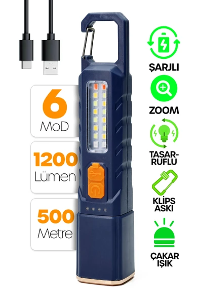 Şarjlı EL Feneri 6 MOD Karabina Askılı Çakarlı COB LED Kamp Lambası Acil Durum Işığı Mavi 7170 ürün görseli 1