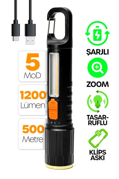 Şarjlı EL Feneri 5 MOD Karabina Askılı COB LED Kamp Lambası Acil Durum Işığı 7149 ürün görseli 1