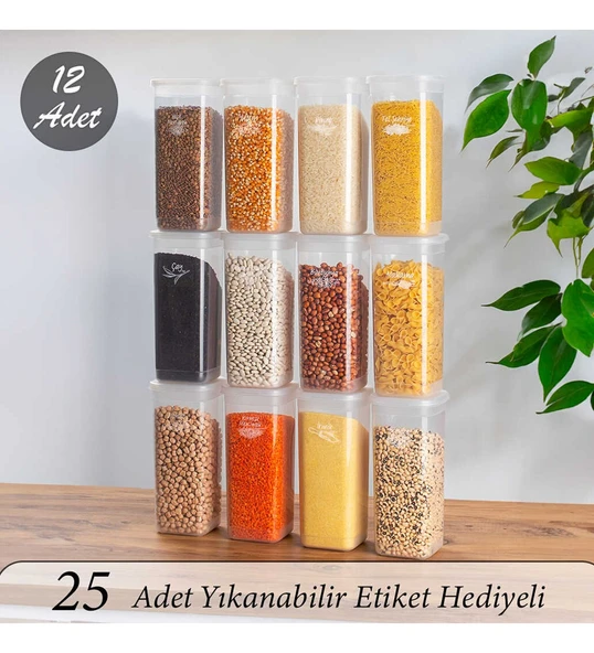 Porsima 432 12 li Etiketli Kare Un Erzak Bakliyat Saklama Kabı Takımı 1.90 lt - Şeffaf ürün görseli 1
