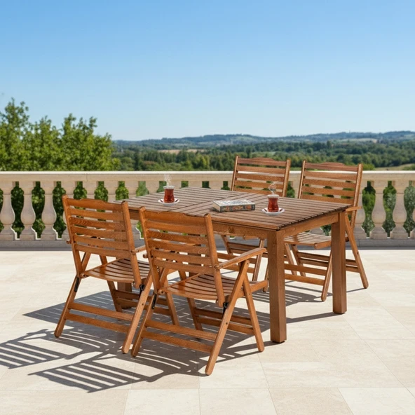 Bahçeme Ürgüp S Ahşap Bahçe Balkon Seti: 80x120 Sabit Masa + 4 Katlanır Sandalye ürün görseli 1