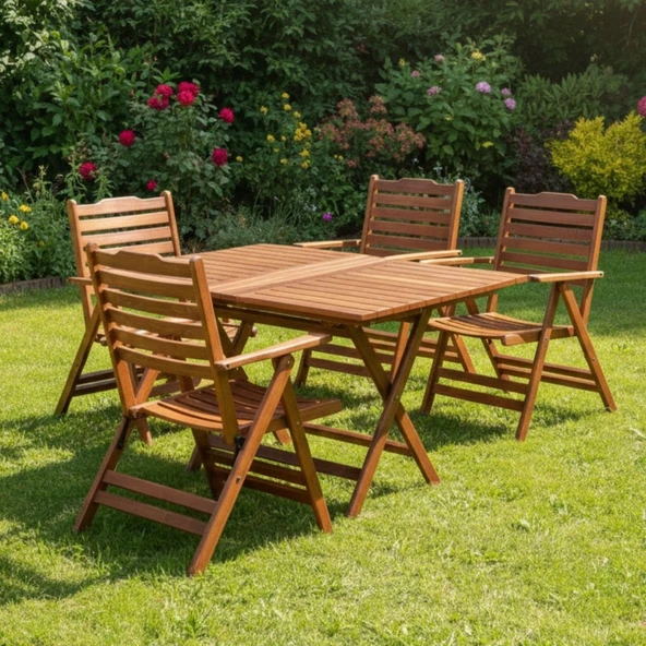 Bahçeme Ürgüp Katlanır Ahşap Bahçe Balkon Seti: 80X120 Masa + 4 Sandalye ürün görseli 1