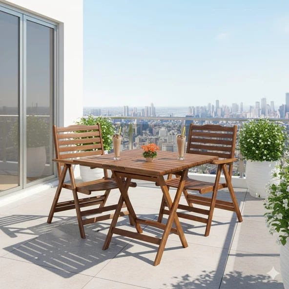 Bahçeme Ürgüp Katlanır Ahşap Bahçe Balkon Seti: 60x60 Masa + 2 Sandalye ürün görseli 1
