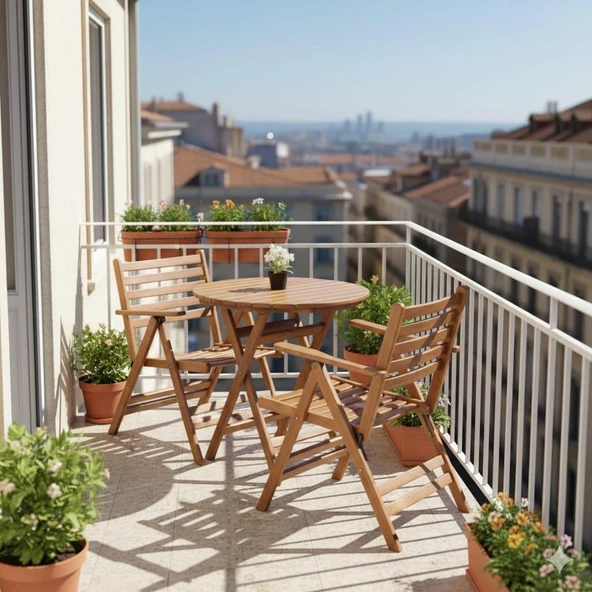 Bahçeme Antalya Katlanır Ahşap Bahçe Balkon Takımı: 90lık Masa + 2 Sandalye ürün görseli 1