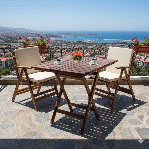 Bahçeme Antalya Katlanır Ahşap Bahçe Balkon Seti: 60x80 Masa + 2 Düz Minderli Sandalye ürün görseli 1