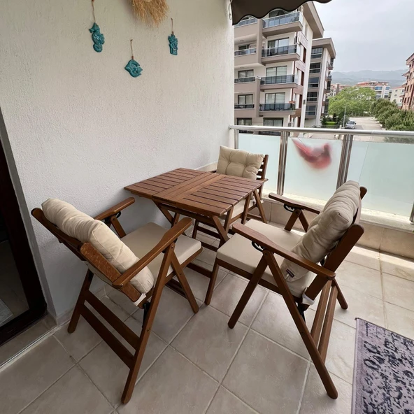 Bahçeme Antalya Katlanır Ahşap Bahçe Balkon Takımı: 60x60 Masa + 3 Minderli Sandalye ürün görseli 1