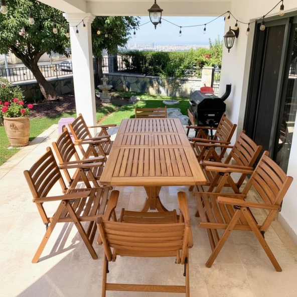 Bahçeme Antalya Side Ahşap Bahçe Takımı : 90x160 +40 cm Uzayan Masa + 6 Katlanır Sandalye ürün görseli 1
