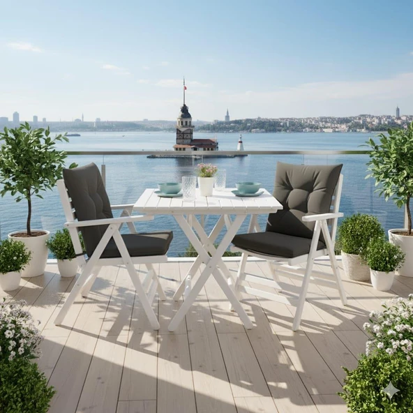 Bahçeme Antalya Katlanır Ahşap Bahçe Balkon Takımı Beyaz : 60x80 Masa + 2 Minderli Sandalye ürün görseli 1