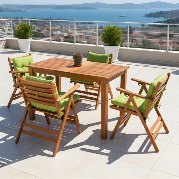 Bahçeme Antalya Ahşap Bahçe Balkon Seti: 80x140 Sabit Masa +6 Düğme Minderli Sandalye ürün görseli 1