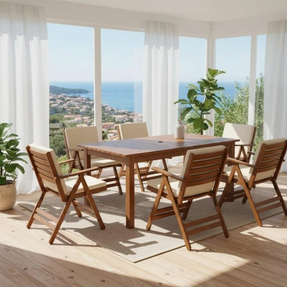 Bahçeme Antalya Ahşap Bahçe Balkon Seti: 80x140 Sabit Masa + 4 Düz Minderli Sandalye ürün görseli 1