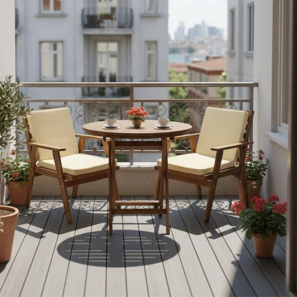 Bahçeme Heybeli Ahşap Bahçe Balkon Takımı: 90lık Masa + 2 Düz Minderli Sandalye Katlanır Set ürün görseli 1