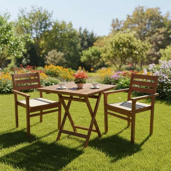 Bahçeme Manavgat Ahşap Bahçe Balkon Seti: 60x60 Masa + 2 Sandalye ürün görseli 1