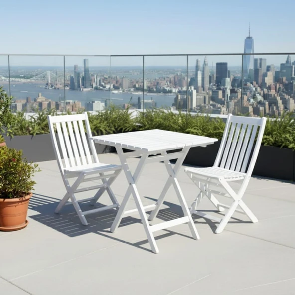 Bahçeme Avşa Ahşap Bahçe Takımı Beyaz - 80x80 Masa + 2 Sandalye Katlanır Balkon Set ürün görseli 1