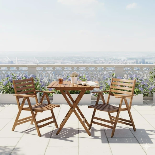 Bahçeme Antalya Katlanır Ahşap Bahçe Balkon Takımı: 60x60 Masa + 2 Sandalye Set ürün görseli 1
