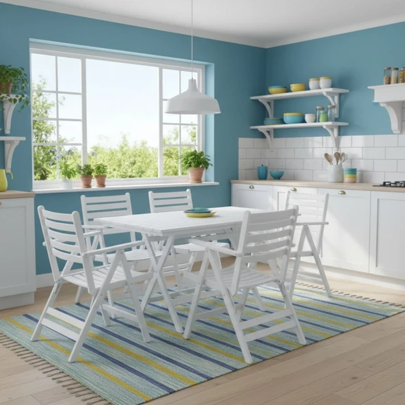 Bahçeme Antalya Katlanır Ahşap Bahçe Balkon Takımı Beyaz: 80x120 Masa + 6 Sandalye ürün görseli 1