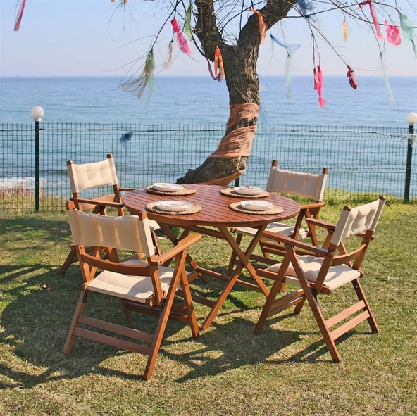 Bahçeme Marmaris Minderli Ahşap Bahçe Balkon Seti: 120Lik Masa + 4 Sandalye Katlanır Takım ürün görseli 1