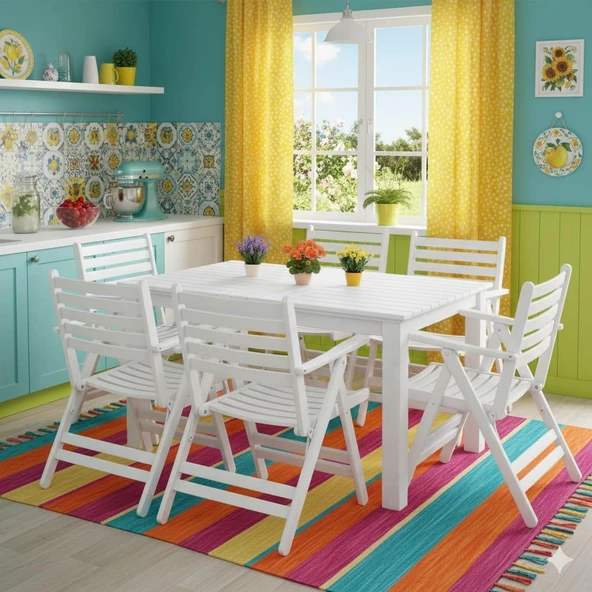 Bahçeme Antalya S Ahşap Bahçe Balkon Seti Beyaz: 80x160 Sabit Masa + 6 Katlanır Sandalye (2+2+1+1) ürün görseli 1