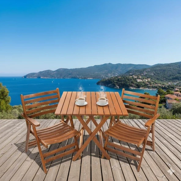 Bahçeme London Ahşap Bahçe Balkon Takımı: 60x60 Masa + 2 Sandalye Katlanır Set ürün görseli 1