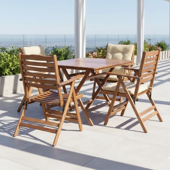 Bahçeme Ürgüp Katlanır Ahşap Bahçe Balkon Seti: 70x120 Masa + 4 Minderli Sandalye ürün görseli 1