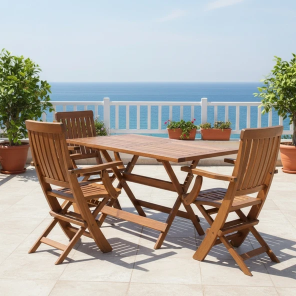 Bahçeme Muğla LX Katlanır Ahşap Bahçe Takımı: 80x140 Masa + 4 Sandalye ürün görseli 1