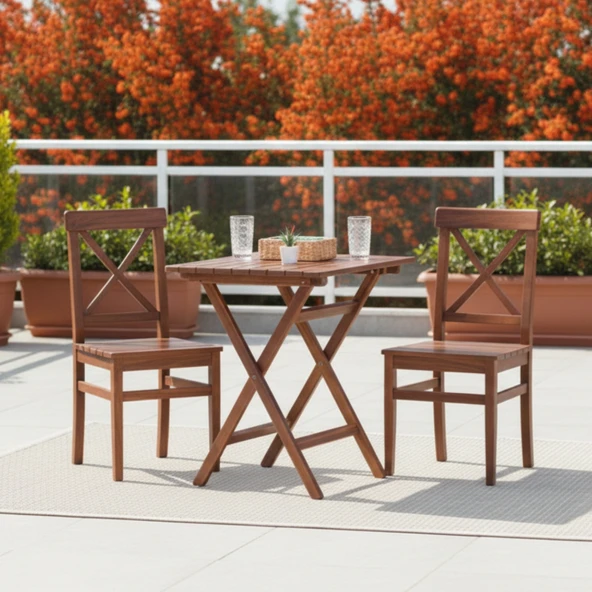 Bahçeme Çeşme Ahşap Bahçe Balkon Seti: 80x80 Katlanır Masa + 2 Sandalye ürün görseli 1