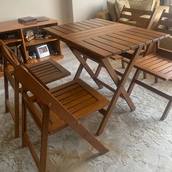 Bahçeci İspanya Katlanır Ahşap Bahçe Balkon Takımı: 60x100 Masa + 4 Sandalye ürün görseli 1