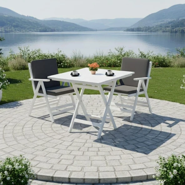 Bahçeme Antalya Katlanır Ahşap Bahçe Balkon Takımı Beyaz: 60x80 Masa + 2 Düz Minderli Sandalye ürün görseli 1