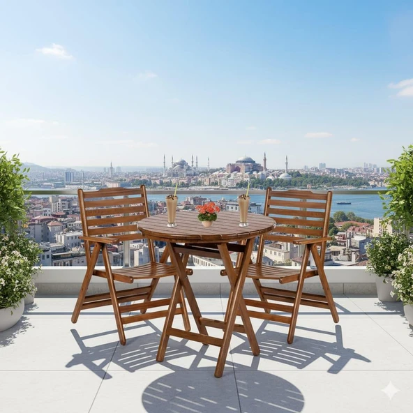 Bahçeme Ürgüp Katlanır Ahşap Bahçe Balkon Seti: 70lik Yuvarlak Masa + 2 Sandalye ürün görseli 1