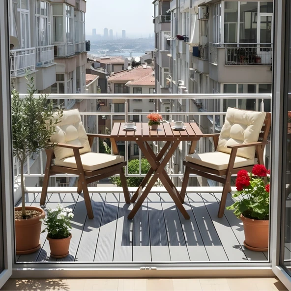 Bahçeme Heybeli Katlanır Ahşap Bahçe Balkon Seti: 60x80 Masa + 2 Düğme Minderli Sandalye ürün görseli 1