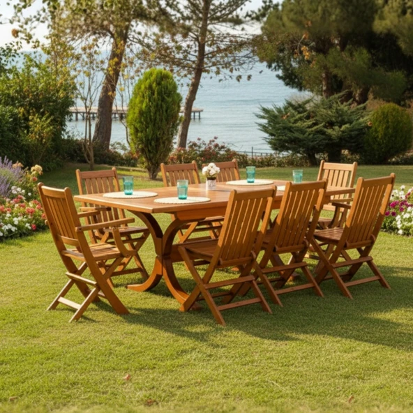 Bahçeme Avşa Side Ahşap Bahçe Balkon Takımı: 90x160 + 40 cm Uzayan Masa & 8 Katlanır Sandalye ürün görseli 1