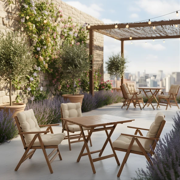 Bahçeme Ürgüp Katlanır Ahşap Bahçe Balkon Seti: 60x60 Masa + 2 Minderli Sandalye ürün görseli 1