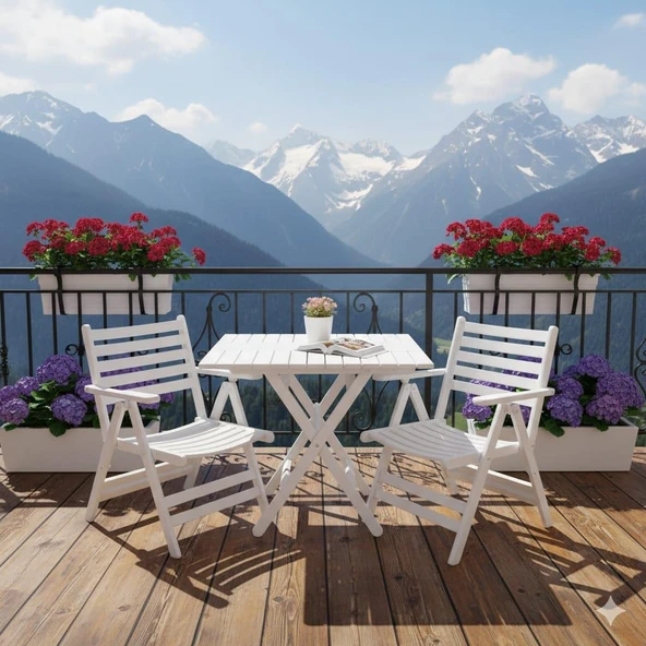 Bahçeme Antalya Katlanır Ahşap Bahçe Balkon Takımı Beyaz: 70x70 Masa + 2 Sandalye Set ürün görseli 1