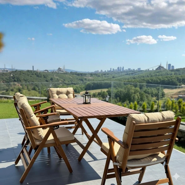 Bahçeme Antalya Katlanır Ahşap Bahçe Balkon Takımı: 80x140 Masa + 4 Minderli Sandalye ürün görseli 1