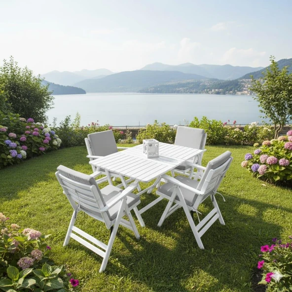 Bahçeme Antalya Katlanır Ahşap Bahçe Balkon Seti Beyaz: 80x160 Masa + 4 Düz Minderli Sandalye ürün görseli 1