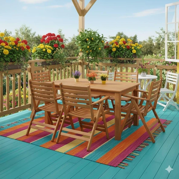 Bahçeme Antalya S Ahşap Bahçe Balkon Seti: 80x120 Sabit Masa + 4 Katlanır Sandalye ürün görseli 1