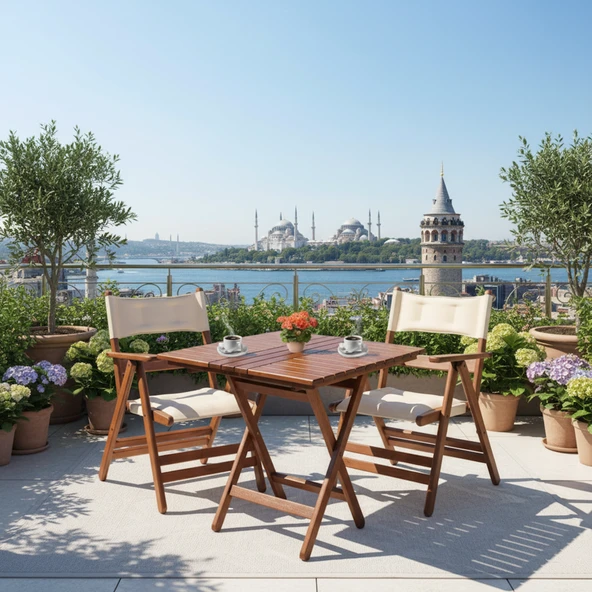 Bahçeme Marmaris Minderli Ahşap Bahçe Balkon Takımı: 60X60 Masa + 2 Sandalye Katlanır Set ürün görseli 1