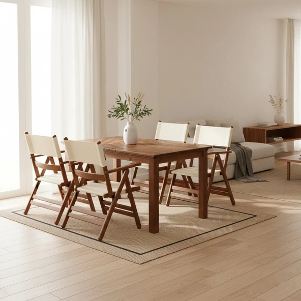 Bahçeme Marmaris PVCli Ahşap Bahçe Balkon Seti: 80x120 Sabit Masa + 4 Katlanır Sandalye ürün görseli 1