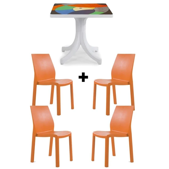 Papatya Yummy Plastik Bahçe Balkon Seti Turuncu Multi : 80x80 Masa + 4 Sandalye Takım ürün görseli 1