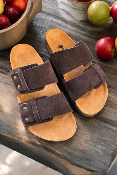 Land of Cork Anatomik Unisex Doğal Mantar Taban Hakiki Süet Deri Terlik ürün görseli 1
