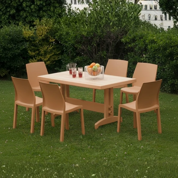 Papatya Yummy Plastik Bahçe Balkon Seti Teak : 80x140 Masa + 6 Sandalye Takım ürün görseli 1