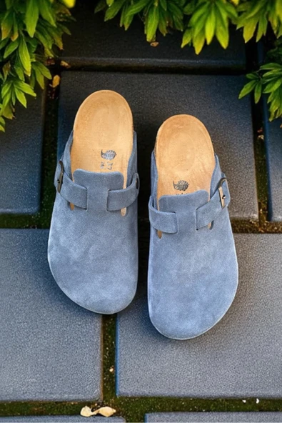 Land of Cork Unisex Kot Mavisi Süet Deri Kapalı Anatomik Doğal Mantar Taban Terlik ürün görseli 1