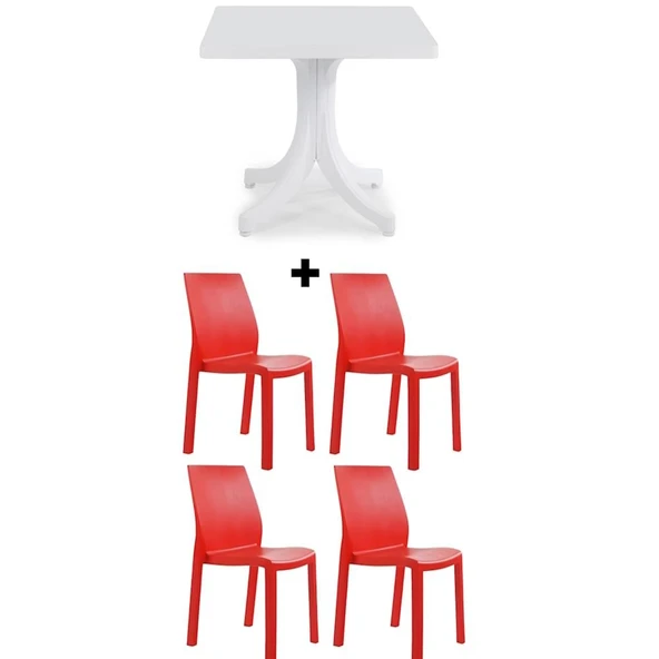 Papatya Yummy Plastik Bahçe Balkon Seti Kırmızı Beyaz : 80x80 Masa + 4 Sandalye Takım ürün görseli 1