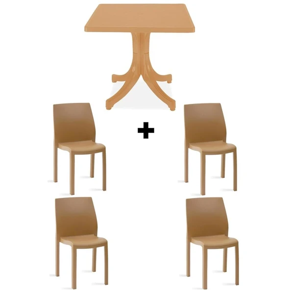 Papatya Yummy Plastik Bahçe Balkon Seti Teak : 80x80 Masa + 4 Sandalye Takım ürün görseli 1